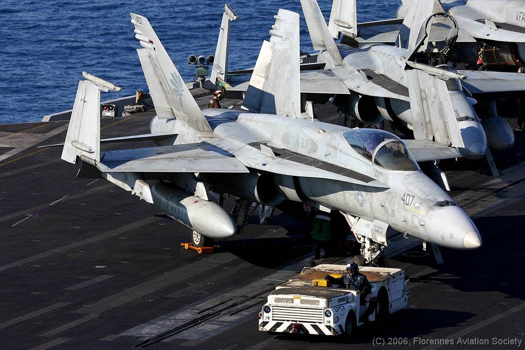 51 CVN71060221 FA-18C 164628 AJ-407 DK 03 F/A-18C 164628/AJ-407 of VFA-87 - USS Theodore Roosevelt, 21 February 2006 (C) Didier Kories